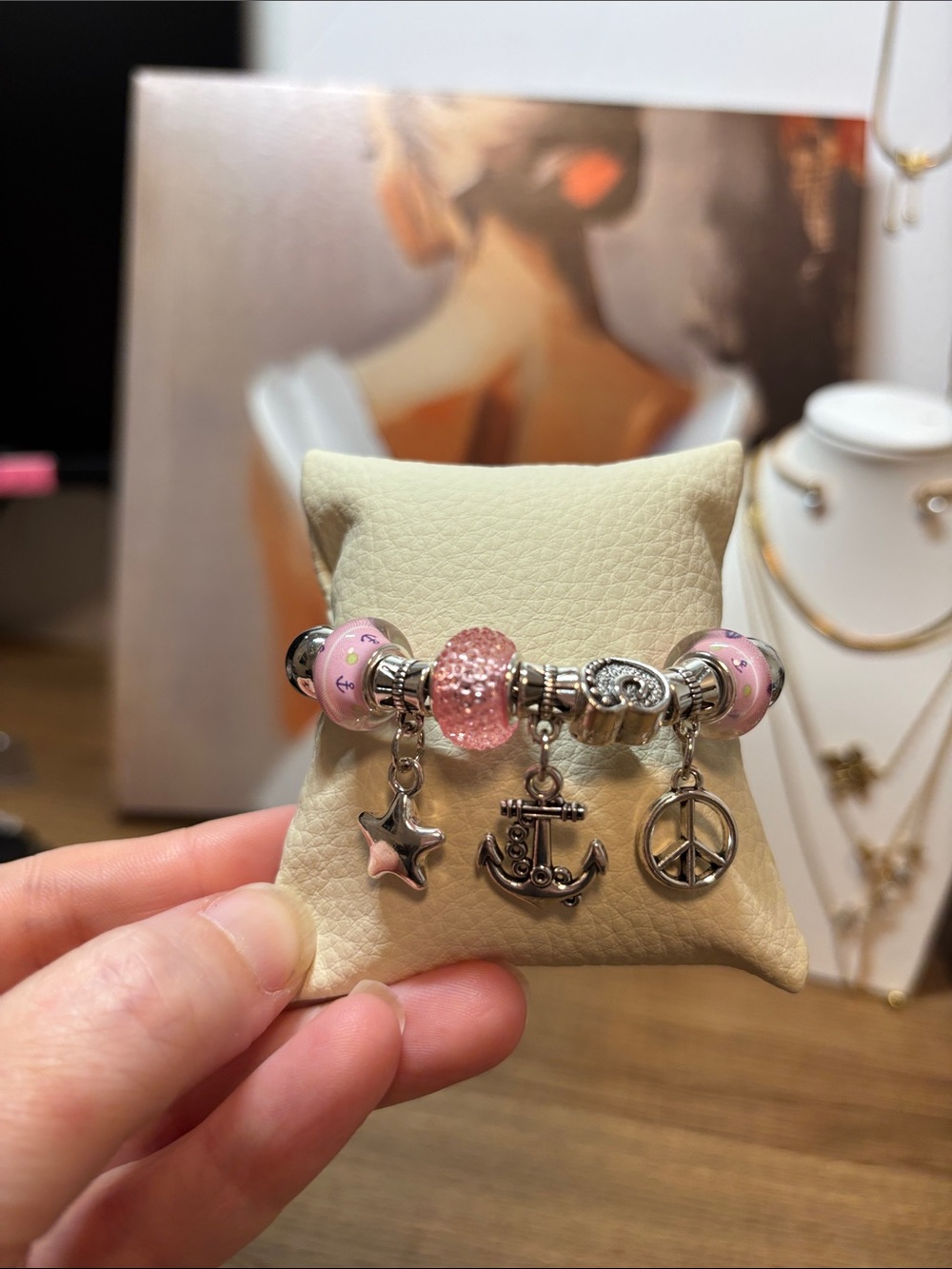 Pink Charm Bracelet with Anchor, Star & Peace Sign Charms